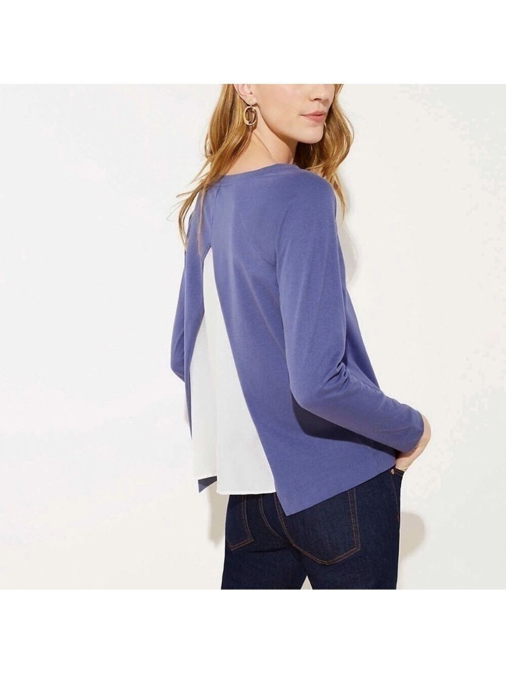 NEW-ANN Taylor Split Back Mixed Media, Round Neck, Long Sleeve, Soft Sweat Shirt